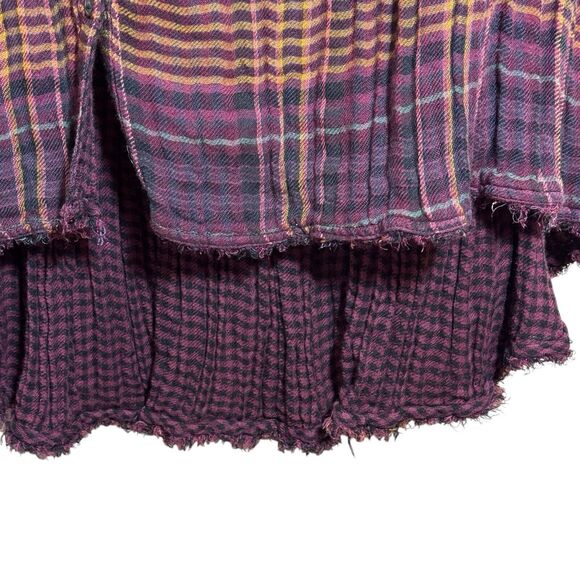 Free People Come On Over Plaid Tunic Button Pleated Hi Lo Fray Purple Gold Sz XS - Picture 3 of 9